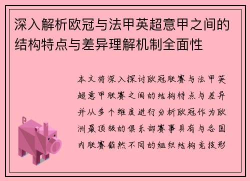 深入解析欧冠与法甲英超意甲之间的结构特点与差异理解机制全面性 深入解析欧冠与法甲英超意甲之间的结构特点与差异理解机制全面性