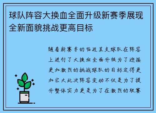 球队阵容大换血全面升级新赛季展现全新面貌挑战更高目标 球队阵容大换血全面升级新赛季展现全新面貌挑战更高目标