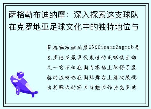 萨格勒布迪纳摩：深入探索这支球队在克罗地亚足球文化中的独特地位与影响