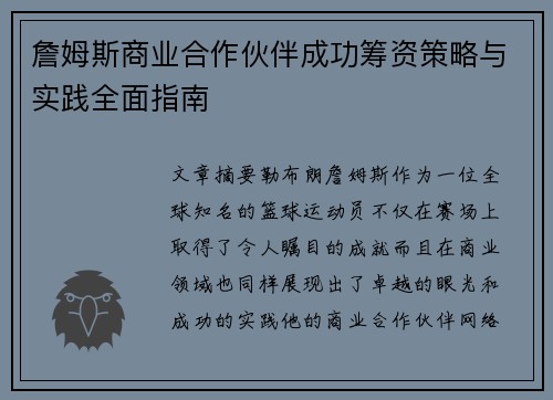 詹姆斯商业合作伙伴成功筹资策略与实践全面指南 詹姆斯商业合作伙伴成功筹资策略与实践全面指南