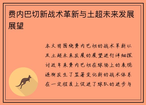 费内巴切新战术革新与土超未来发展展望